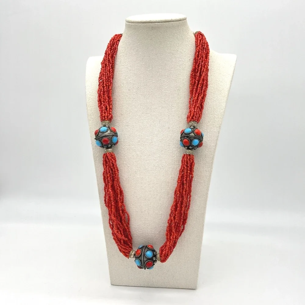 Vintage Multi Strand Red Seed Bead Necklace Turquoise Filigree Statement 26in